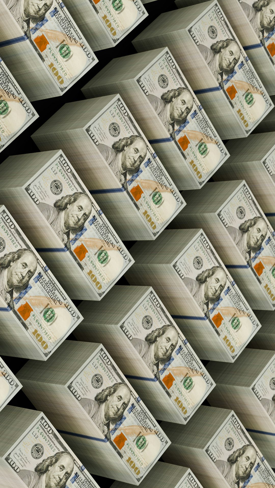 Stacks of hundred dollar bills are visible.